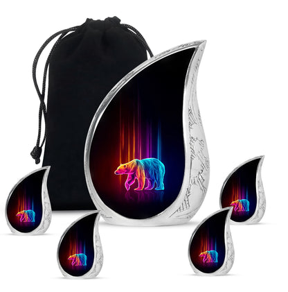 Rich Black Bear Cremation Urn side profile showing urn shape - flowing teardrop bear silhouette on curved aluminum - memorial set with one large and four small urns