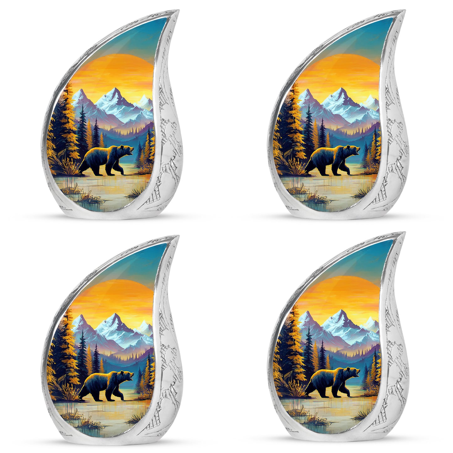 Champagne Gold Bear Cremation Urn close-up of engraving and surface detail - rounded teardrop bear design with delicate detail - 10 inch aluminum urn for cremated remains
