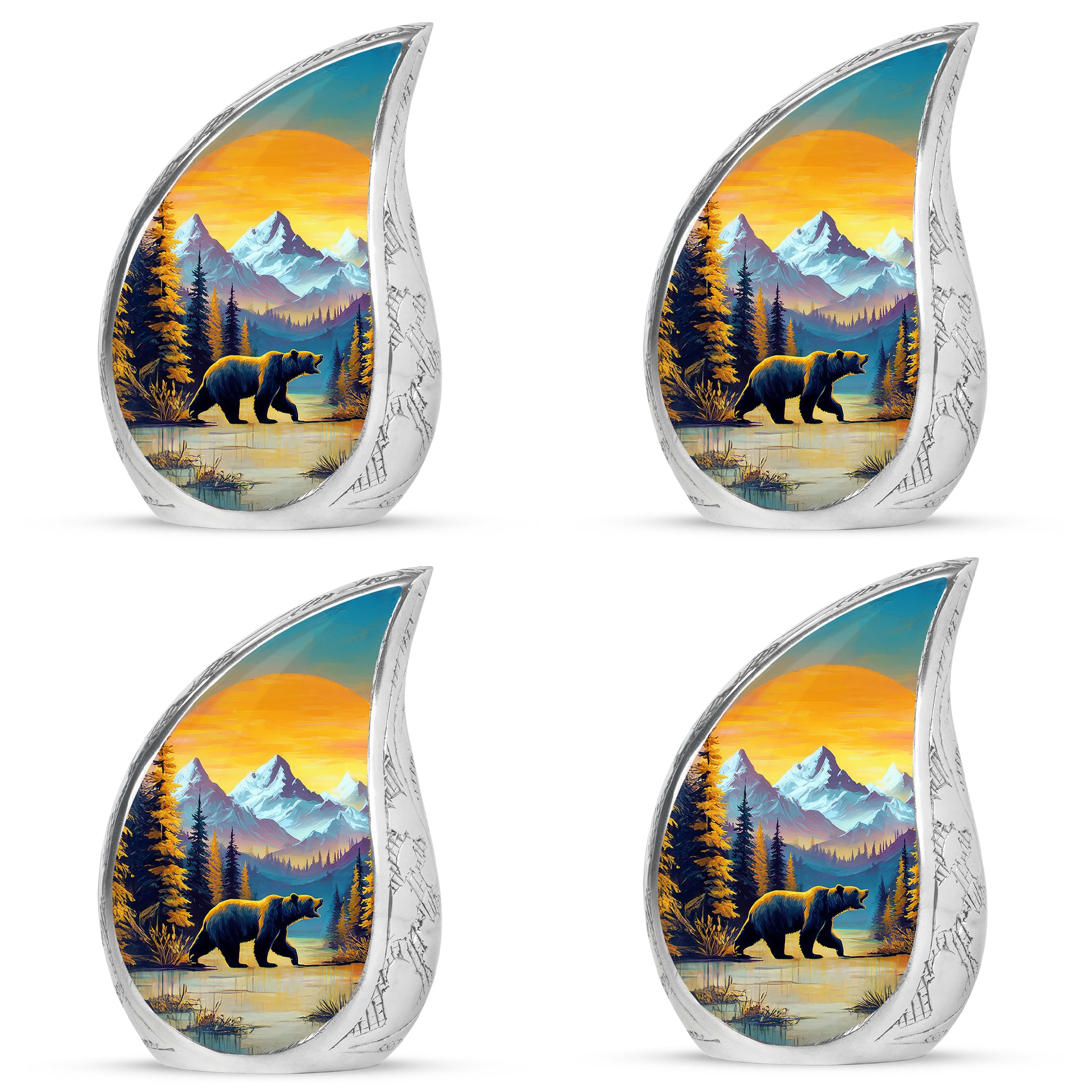 Champagne Gold Bear Cremation Urn close-up of engraving and surface detail - rounded teardrop bear design with delicate detail - 10 inch aluminum urn for cremated remains