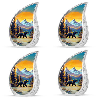 Champagne Gold Bear Cremation Urn close-up of engraving and surface detail - rounded teardrop bear design with delicate detail - 10 inch aluminum urn for cremated remains