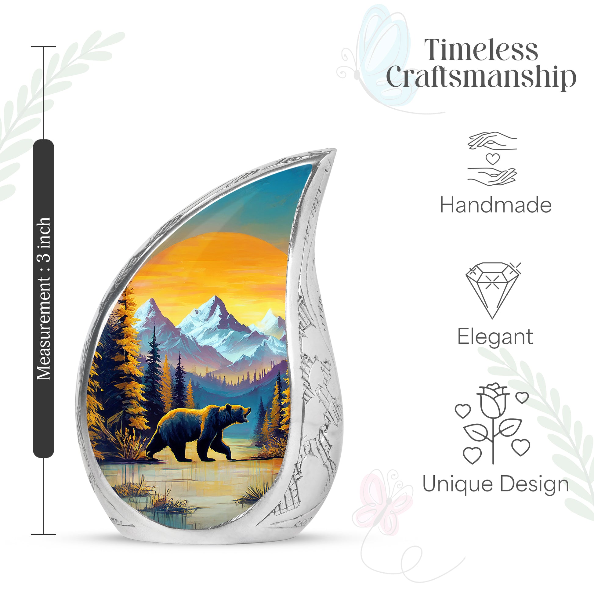 Warm Gold Bear Cremation Urn angled view of lid and engraved motif - smooth teardrop contour featuring bear art - mini keepsake memorial for portion of cremation ashes