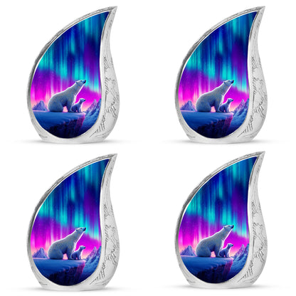 Indigo Bear Cremation Urn close-up of engraving and surface detail - flowing teardrop bear silhouette on curved aluminum - 10 inch aluminum urn for cremated remains