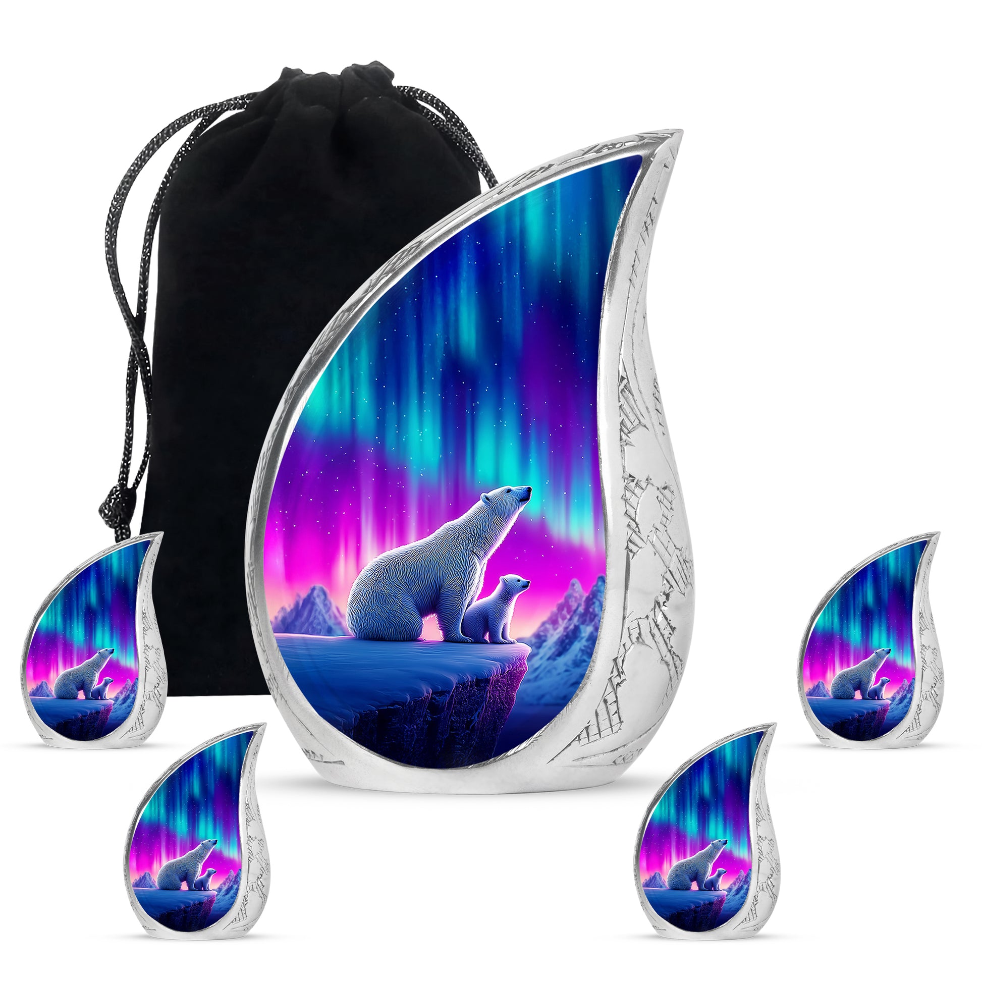 Icy Blue Bear Cremation Urn side profile showing urn shape - flowing teardrop bear silhouette on curved aluminum - memorial set with one large and four small urns