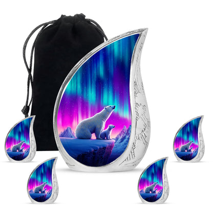 Icy Blue Bear Cremation Urn side profile showing urn shape - flowing teardrop bear silhouette on curved aluminum - memorial set with one large and four small urns