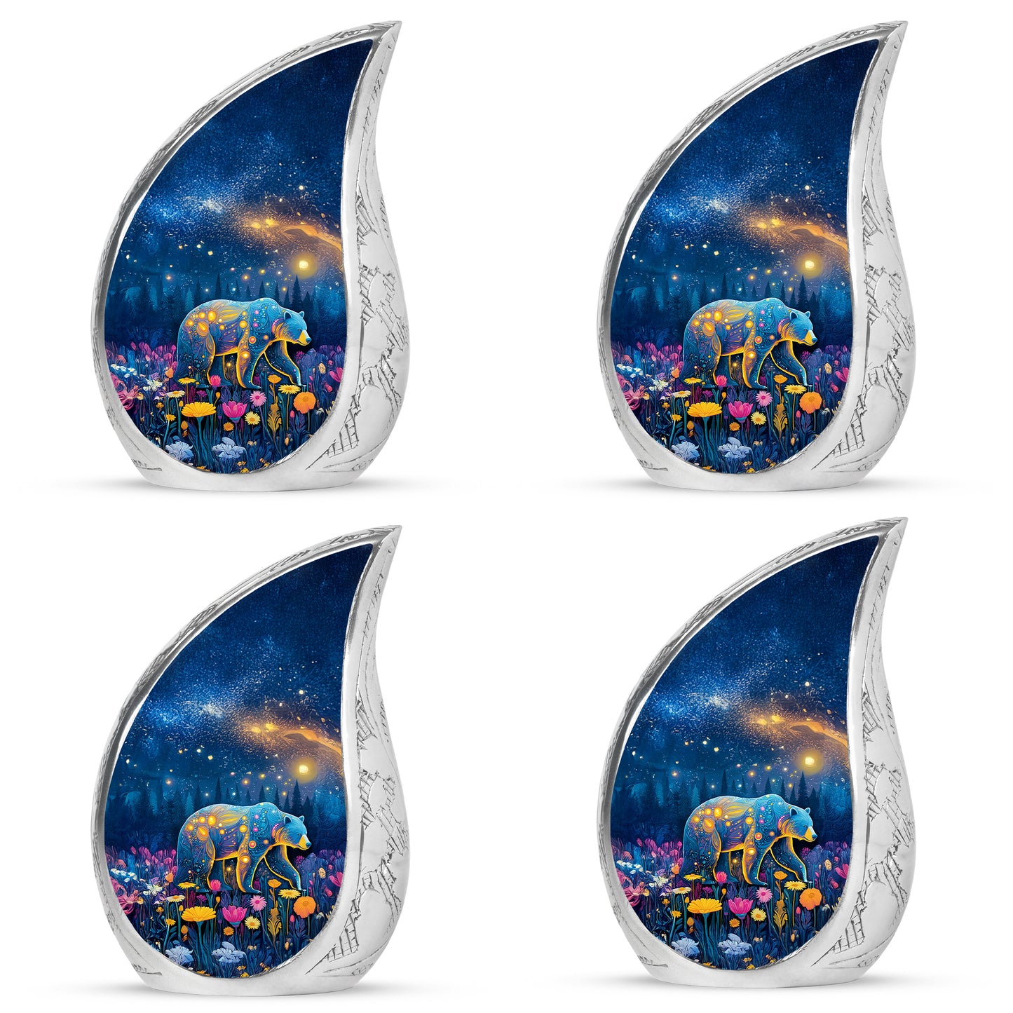 Royal Blue Bear Cremation Urn close-up of engraving and surface detail - smooth teardrop contour featuring bear art - 10 inch aluminum urn for cremated remains