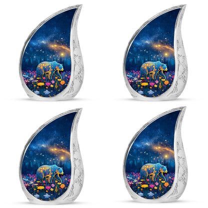 Royal Blue Bear Cremation Urn close-up of engraving and surface detail - smooth teardrop contour featuring bear art - 10 inch aluminum urn for cremated remains