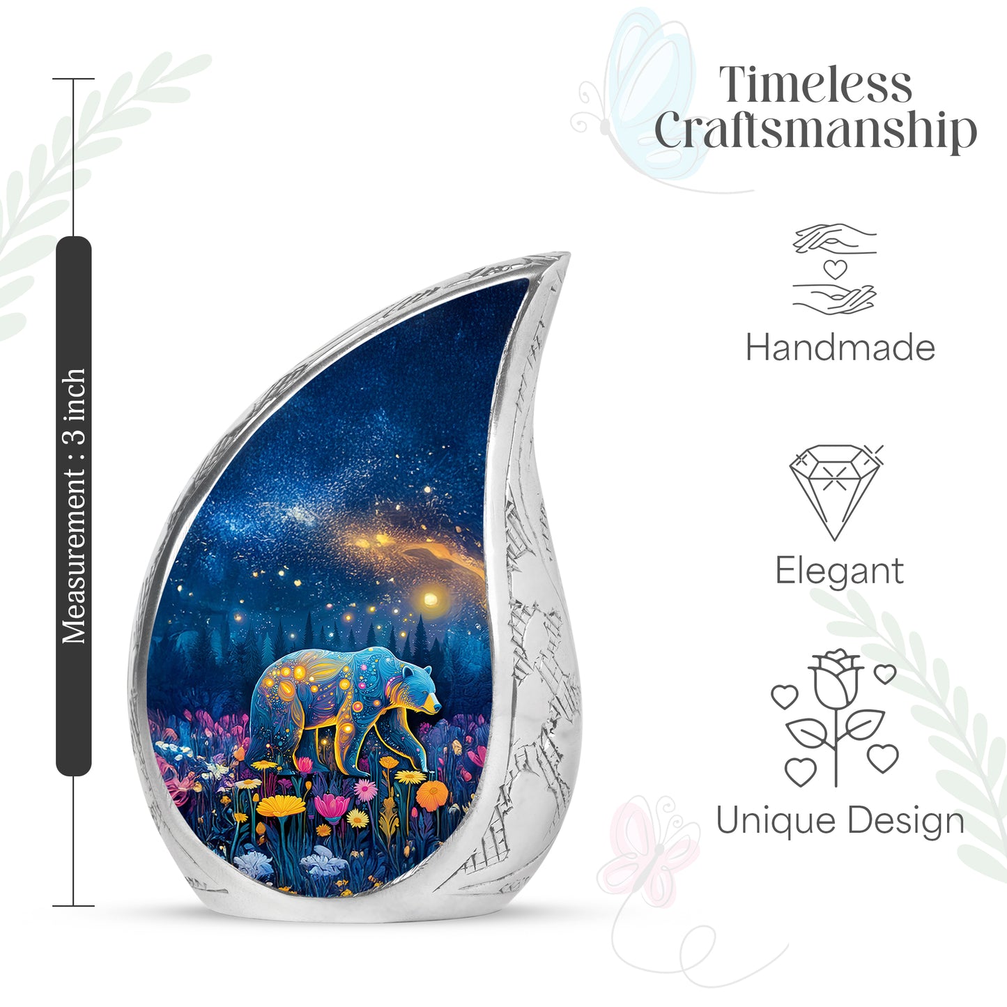 Twilight Blue Bear Cremation Urn angled view of lid and engraved motif - smooth teardrop contour featuring bear art - mini keepsake memorial for portion of cremation ashes