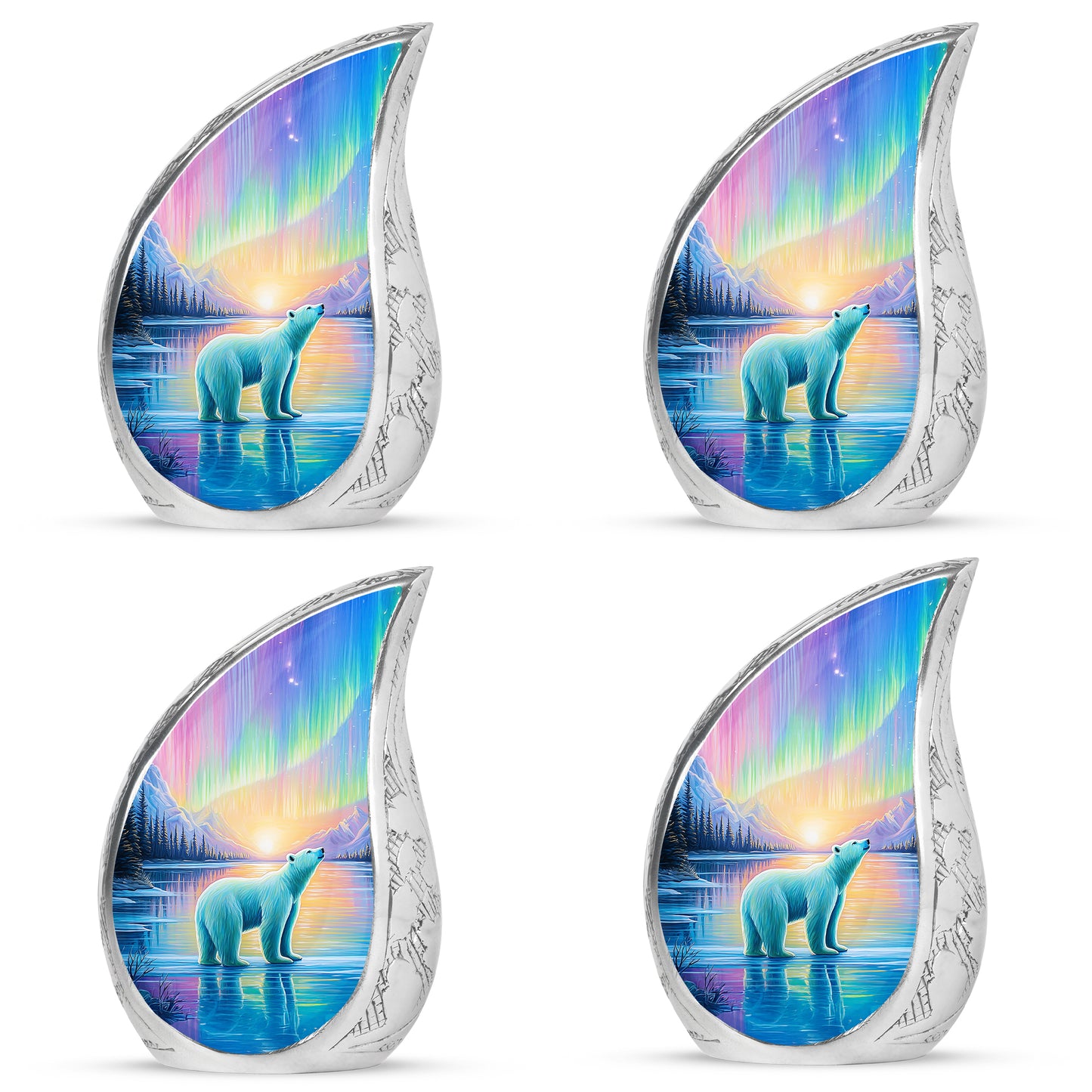 Gilded Gold Bear Cremation Urn close-up of engraving and surface detail - flowing teardrop bear silhouette on curved aluminum - 10 inch aluminum urn for cremated remains