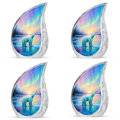 Gilded Gold Bear Cremation Urn close-up of engraving and surface detail - flowing teardrop bear silhouette on curved aluminum - 10 inch aluminum urn for cremated remains