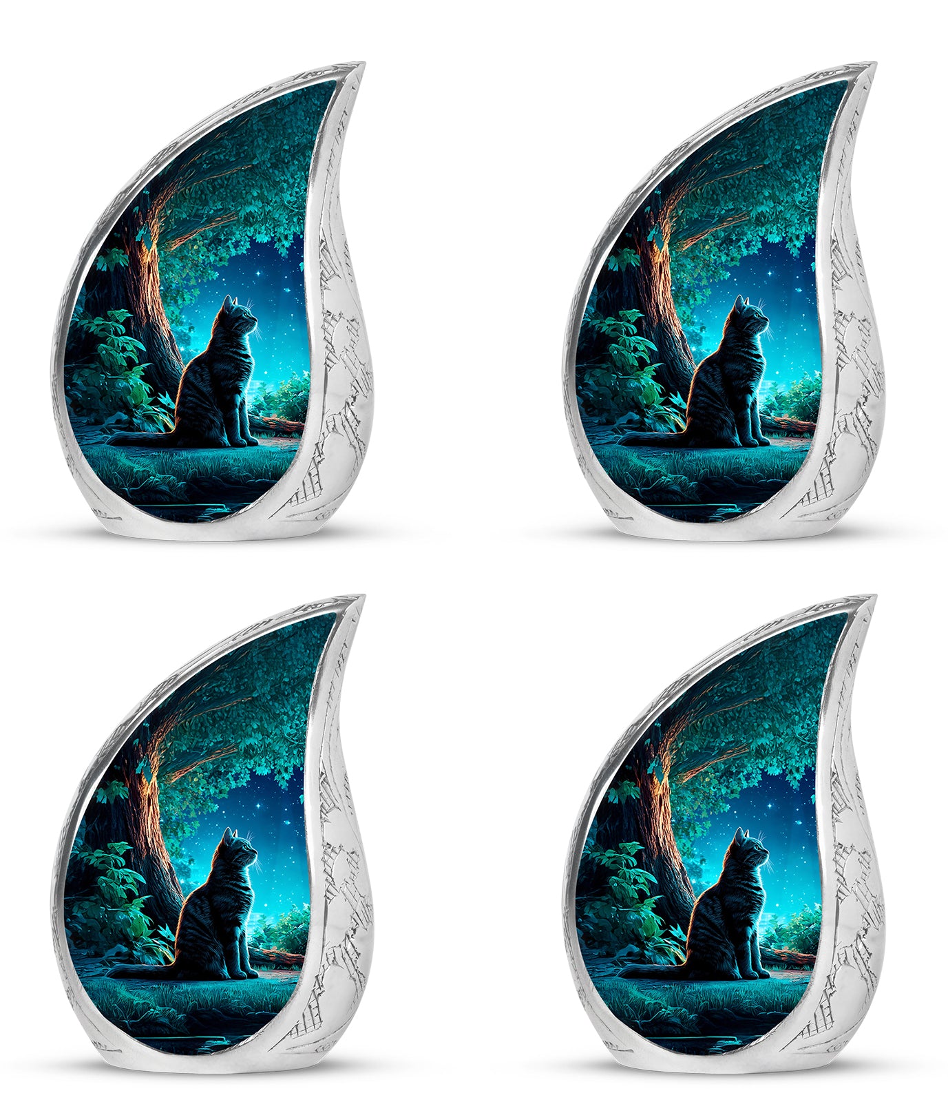 Azure Cat Cremation Urn close-up of engraving and surface detail - rounded teardrop cat design with delicate detail - 10 inch aluminum urn for cremated remains