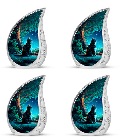 Azure Cat Cremation Urn close-up of engraving and surface detail - rounded teardrop cat design with delicate detail - 10 inch aluminum urn for cremated remains