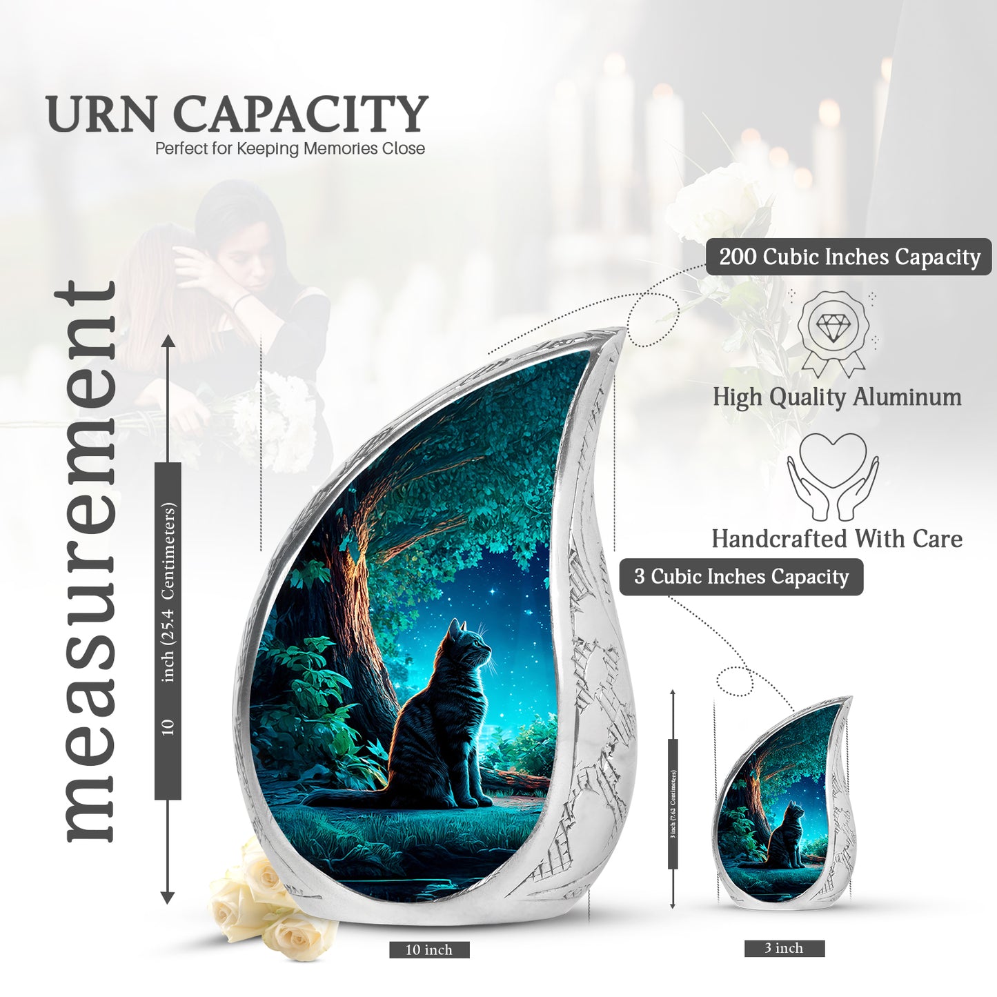 Calming Blue Cat Cremation Urn angled view of lid and engraved motif - smooth teardrop contour featuring cat art - mini keepsake memorial for portion of cremation ashes