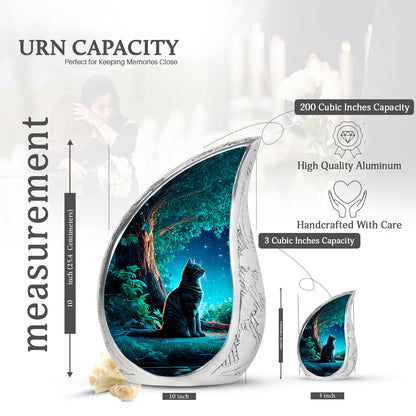 Calming Blue Cat Cremation Urn angled view of lid and engraved motif - smooth teardrop contour featuring cat art - mini keepsake memorial for portion of cremation ashes
