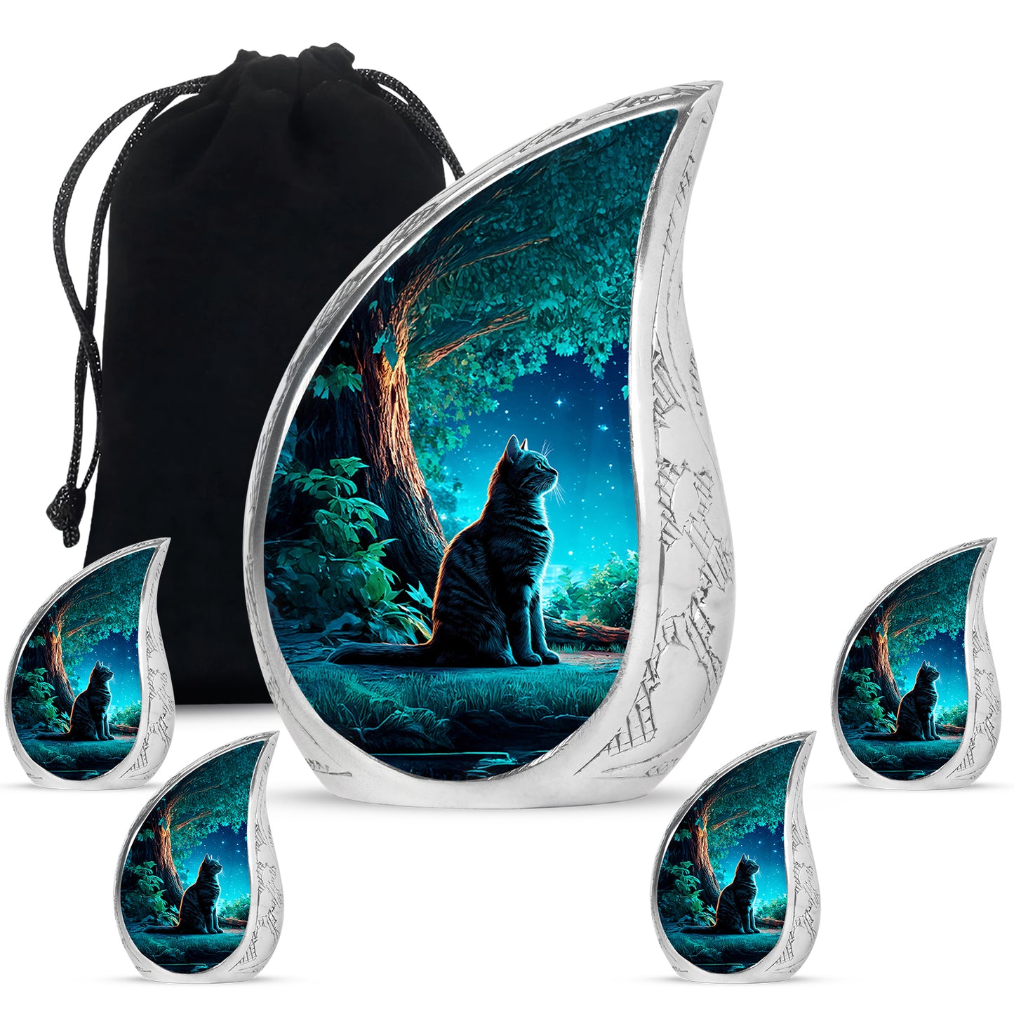 Cobalt Blue Cat Cremation Urn side profile showing urn shape - graceful tear-shaped urn with cat motif - memorial set with one large and four small urns