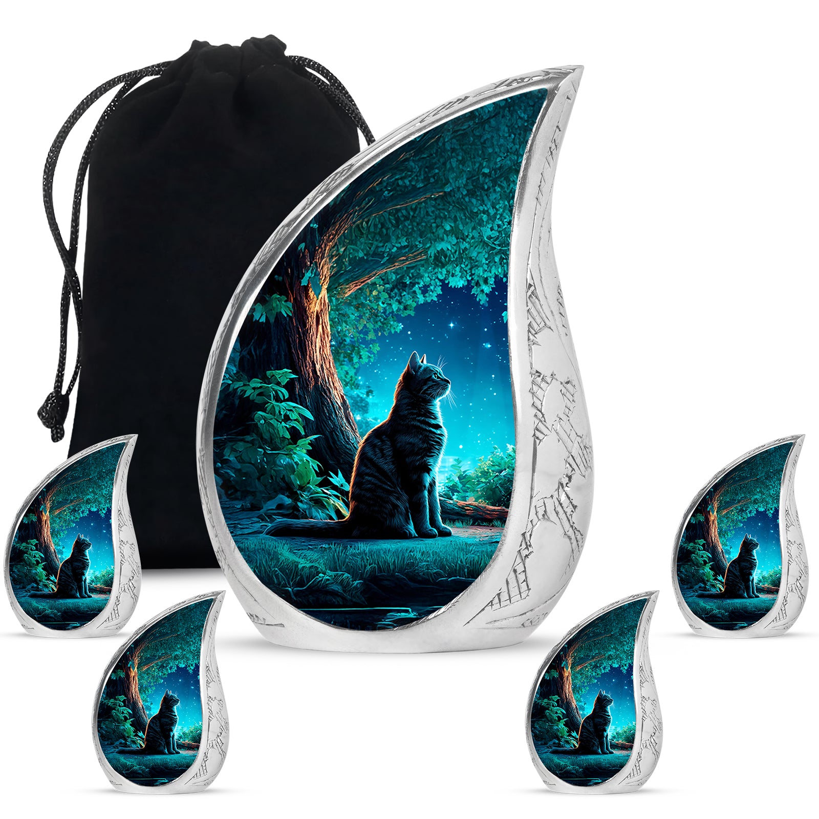 Cobalt Blue Cat Cremation Urn side profile showing urn shape - graceful tear-shaped urn with cat motif - memorial set with one large and four small urns