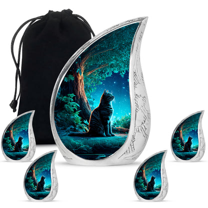 Cobalt Blue Cat Cremation Urn side profile showing urn shape - graceful tear-shaped urn with cat motif - memorial set with one large and four small urns