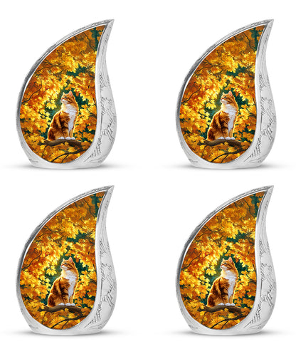 Gilded Gold Cat Cremation Urn close-up of engraving and surface detail - flowing teardrop cat silhouette on curved aluminum - 10 inch aluminum urn for cremated remains