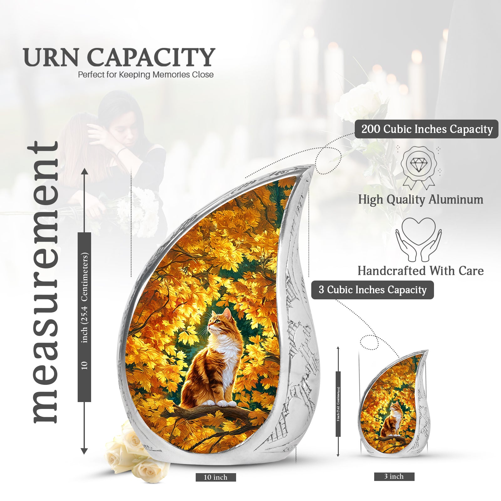 Royal Gold Cat Cremation Urn angled view of lid and engraved motif - smooth teardrop contour featuring cat art - mini keepsake memorial for portion of cremation ashes