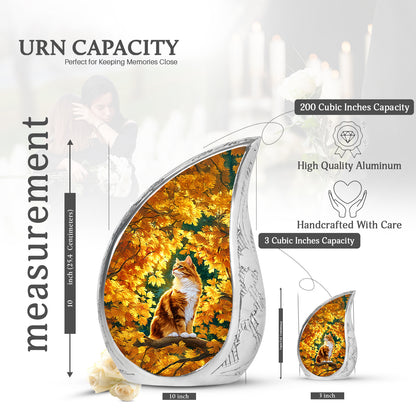 Royal Gold Cat Cremation Urn angled view of lid and engraved motif - smooth teardrop contour featuring cat art - mini keepsake memorial for portion of cremation ashes