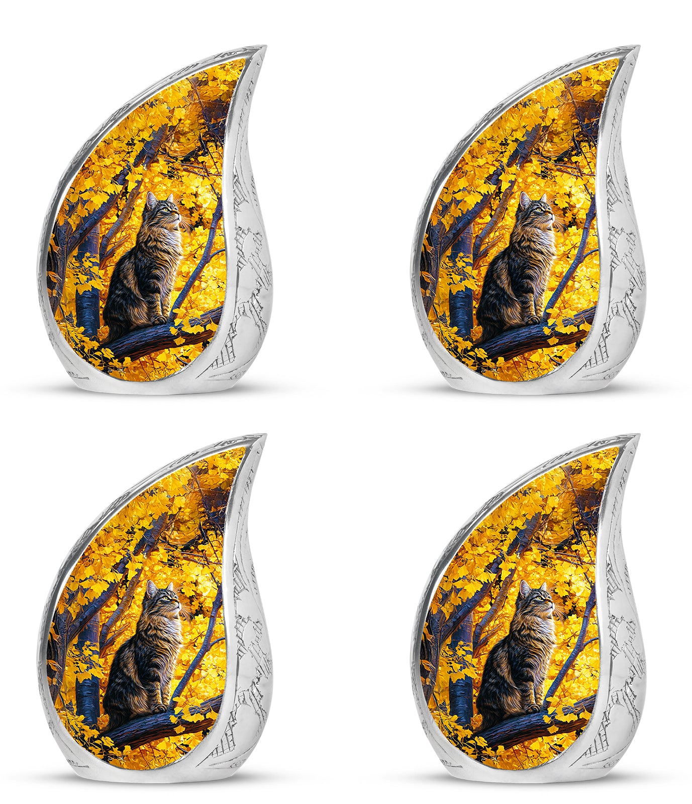 Burnished Gold Cat Cremation Urn close-up of engraving and surface detail - graceful tear-shaped urn with cat motif - 10 inch aluminum urn for cremated remains