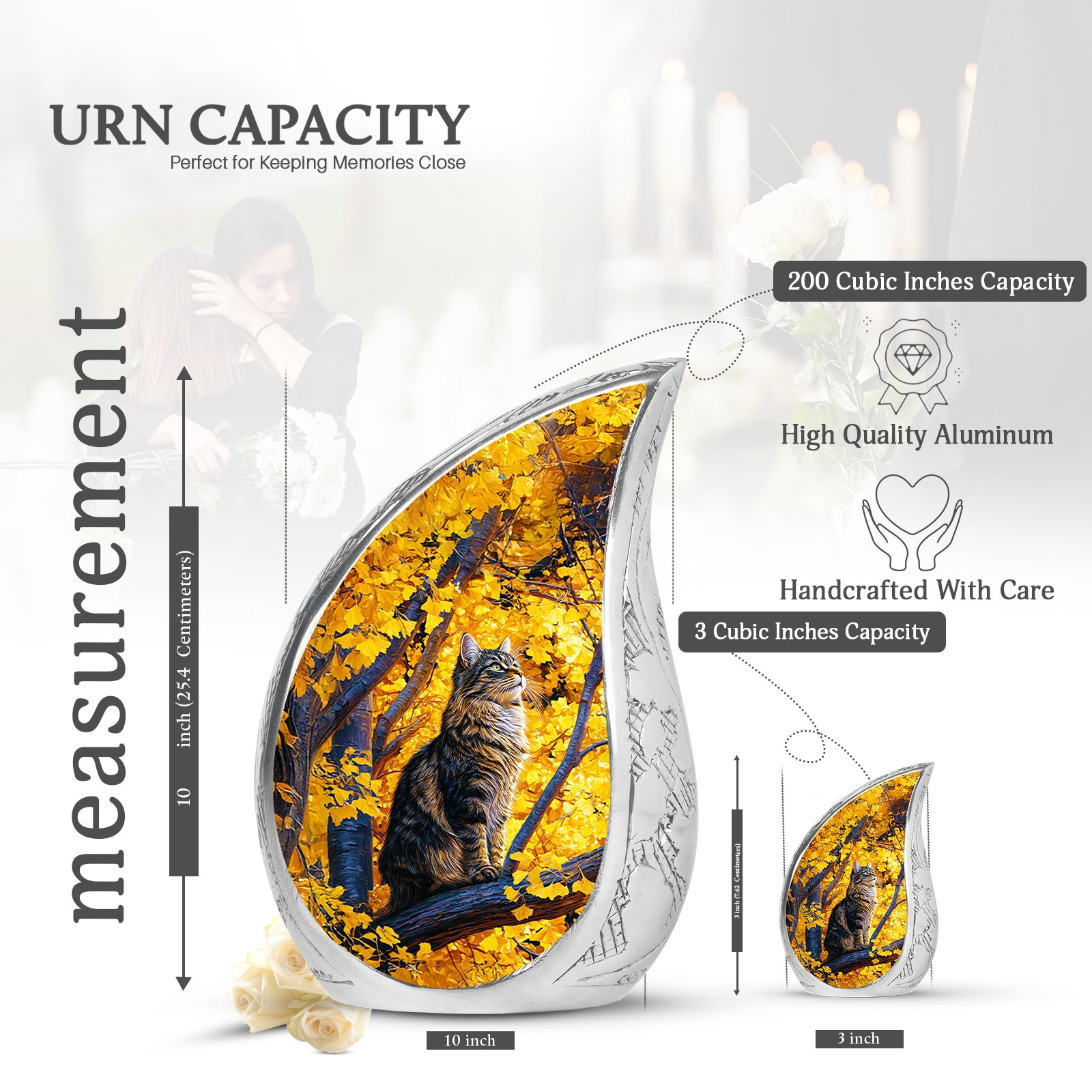 Amber Gold Cat Cremation Urn angled view of lid and engraved motif - flowing teardrop cat silhouette on curved aluminum - mini keepsake memorial for portion of cremation ashes