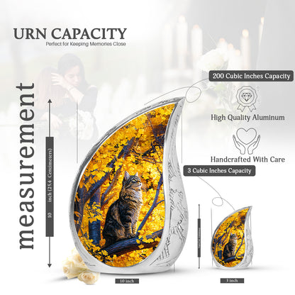 Amber Gold Cat Cremation Urn angled view of lid and engraved motif - flowing teardrop cat silhouette on curved aluminum - mini keepsake memorial for portion of cremation ashes