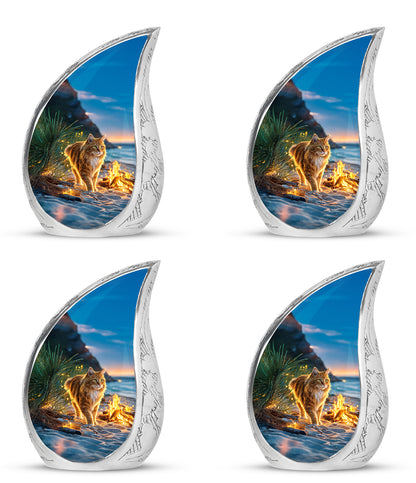 Cornflower Blue Cat Cremation Urn close-up of engraving and surface detail - smooth teardrop contour featuring cat art - 10 inch aluminum urn for cremated remains