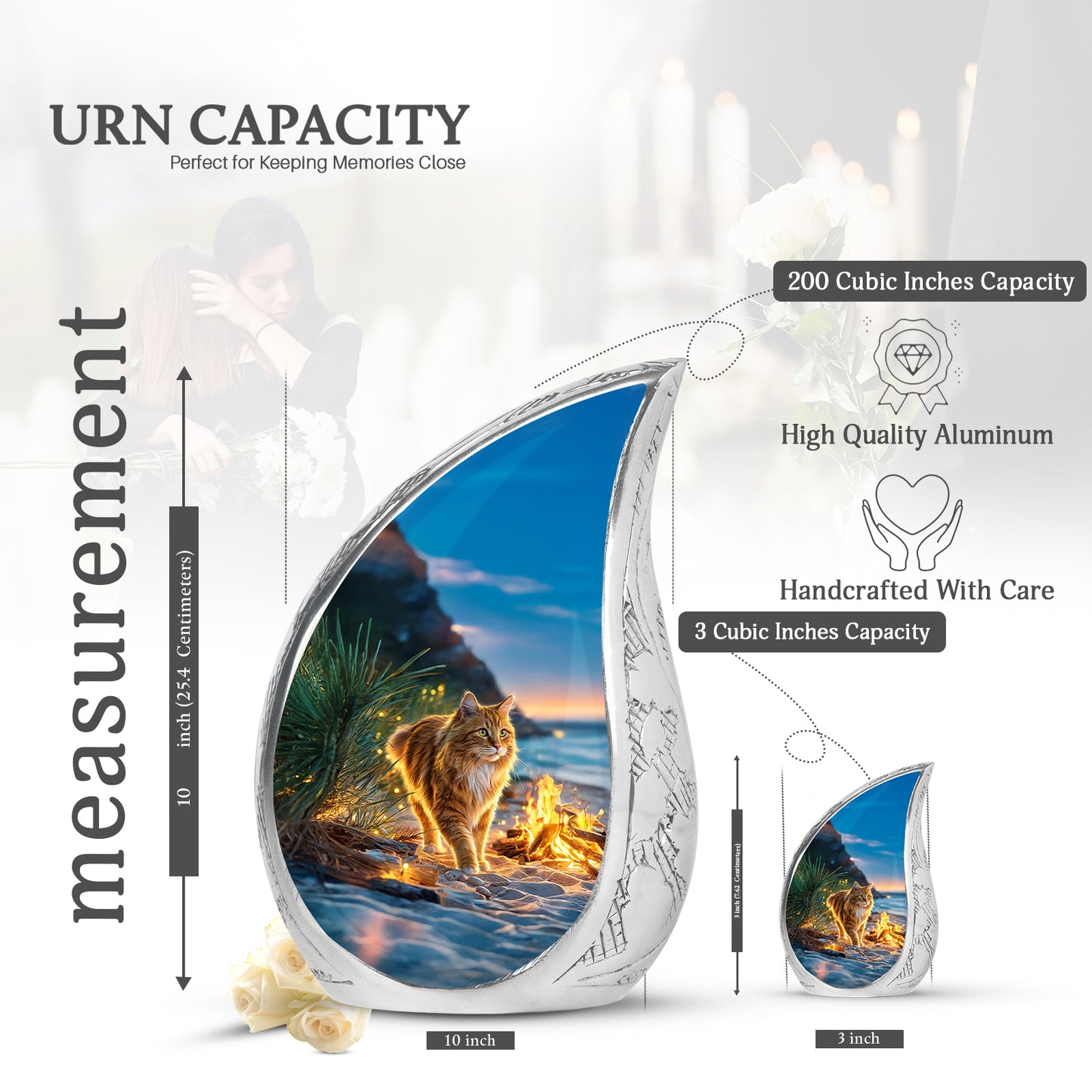 Sapphire Blue Cat Cremation Urn angled view of lid and engraved motif - graceful tear-shaped urn with cat motif - mini keepsake memorial for portion of cremation ashes