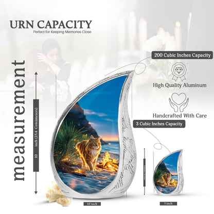 Sapphire Blue Cat Cremation Urn angled view of lid and engraved motif - graceful tear-shaped urn with cat motif - mini keepsake memorial for portion of cremation ashes