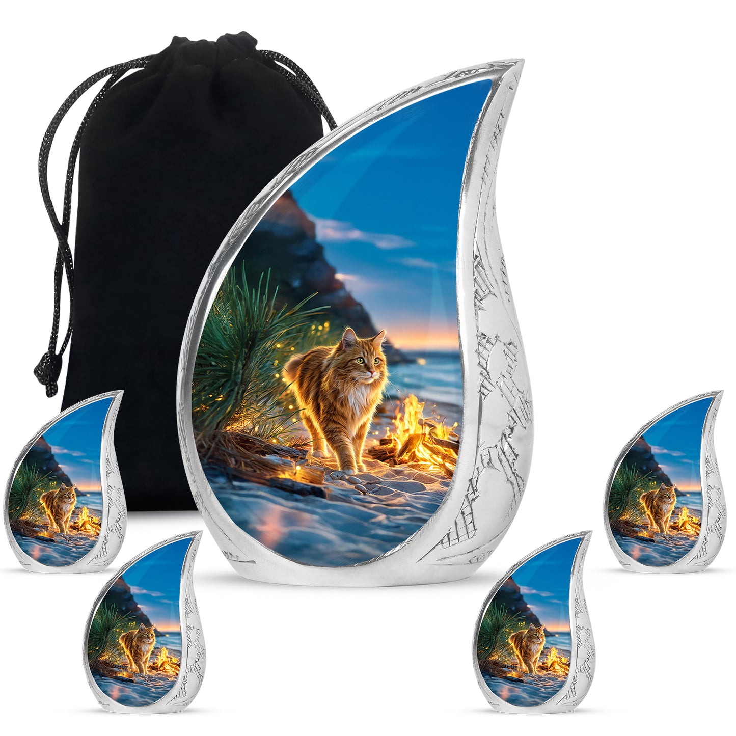 Calming Blue Cat Cremation Urn side profile showing urn shape - graceful tear-shaped urn with cat motif - memorial set with one large and four small urns