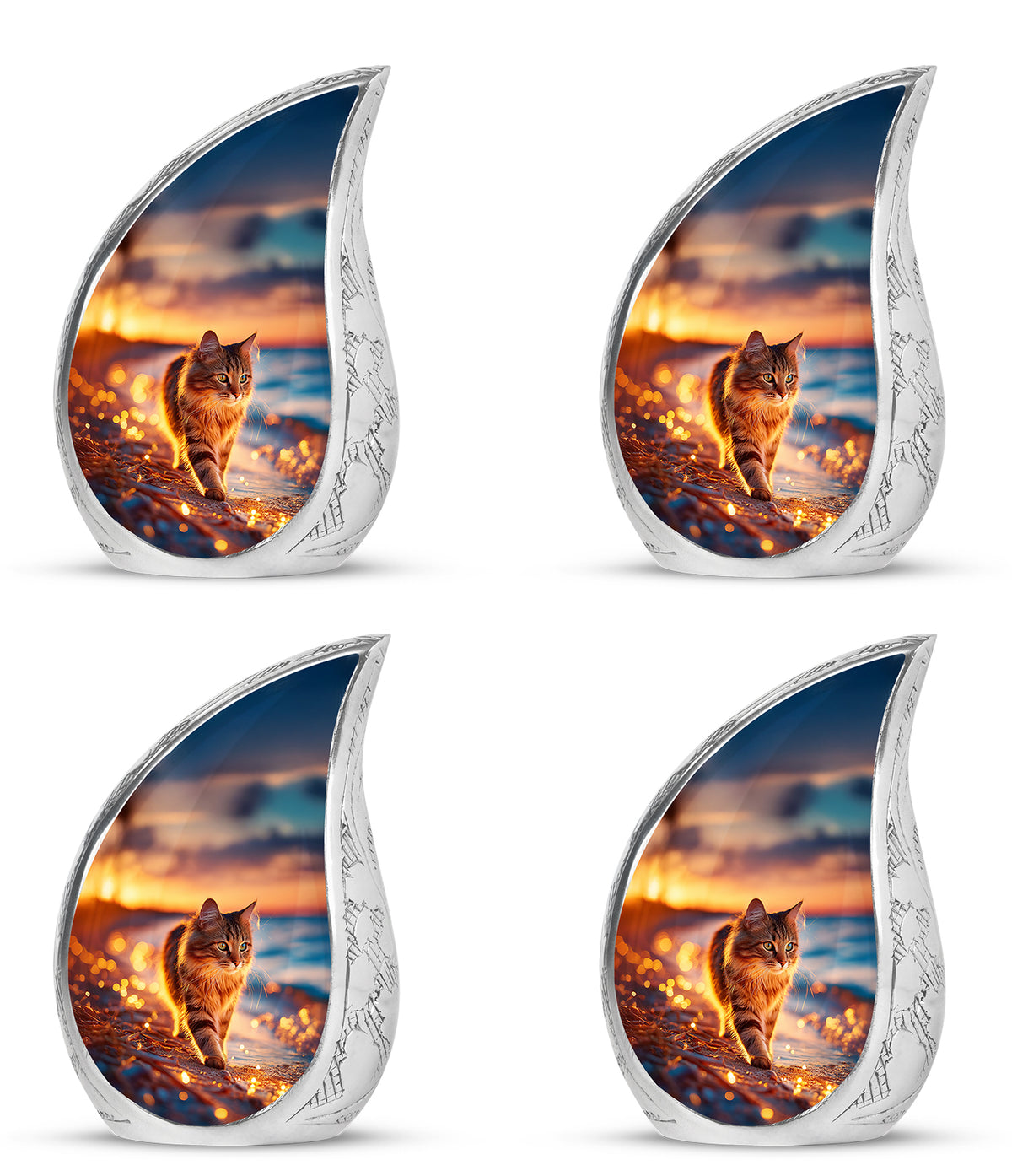 Crimson Red Cat Cremation Urn close-up of engraving and surface detail - rounded teardrop cat design with delicate detail - 10 inch aluminum urn for cremated remains