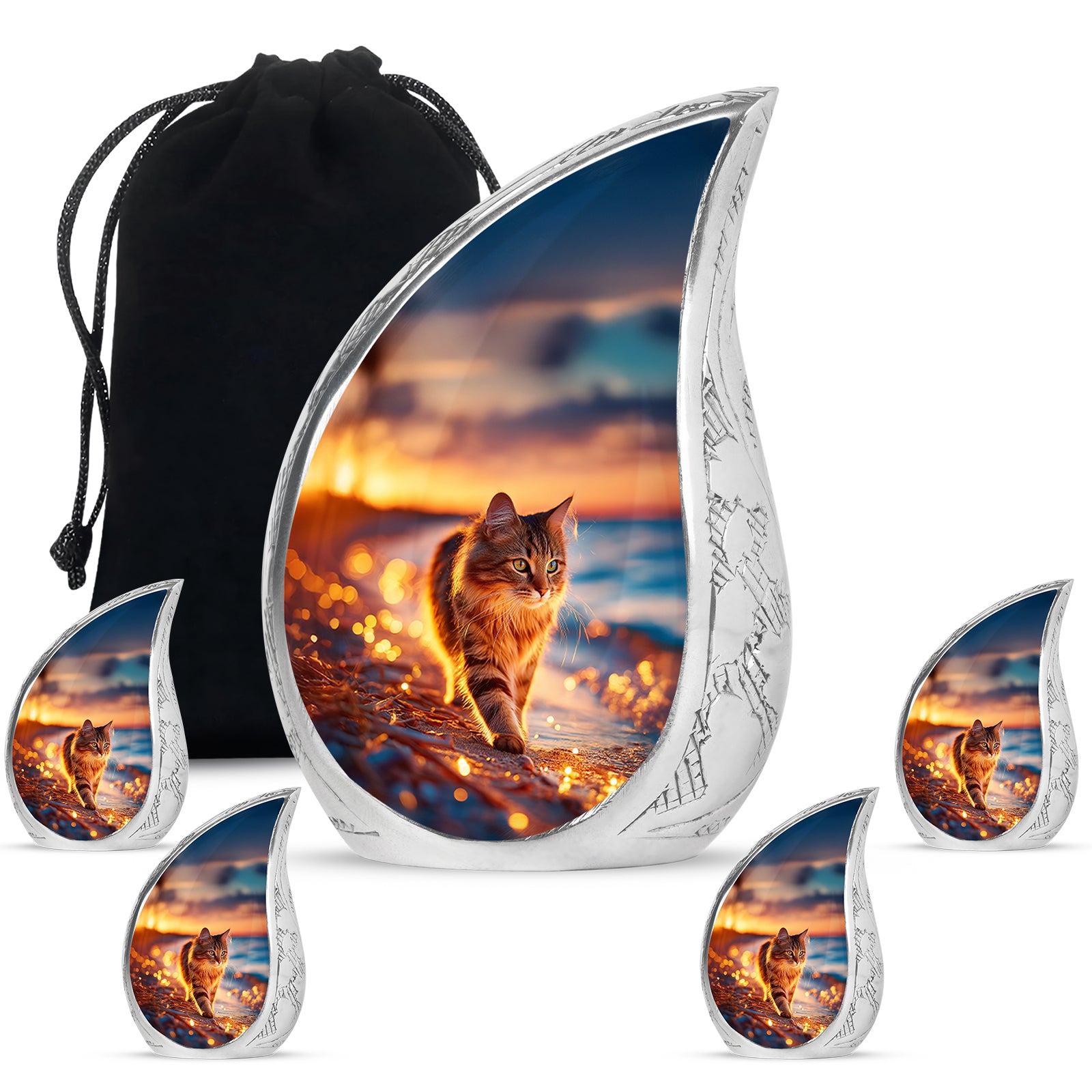 Wine Red Cat Cremation Urn side profile showing urn shape - flowing teardrop cat silhouette on curved aluminum - memorial set with one large and four small urns