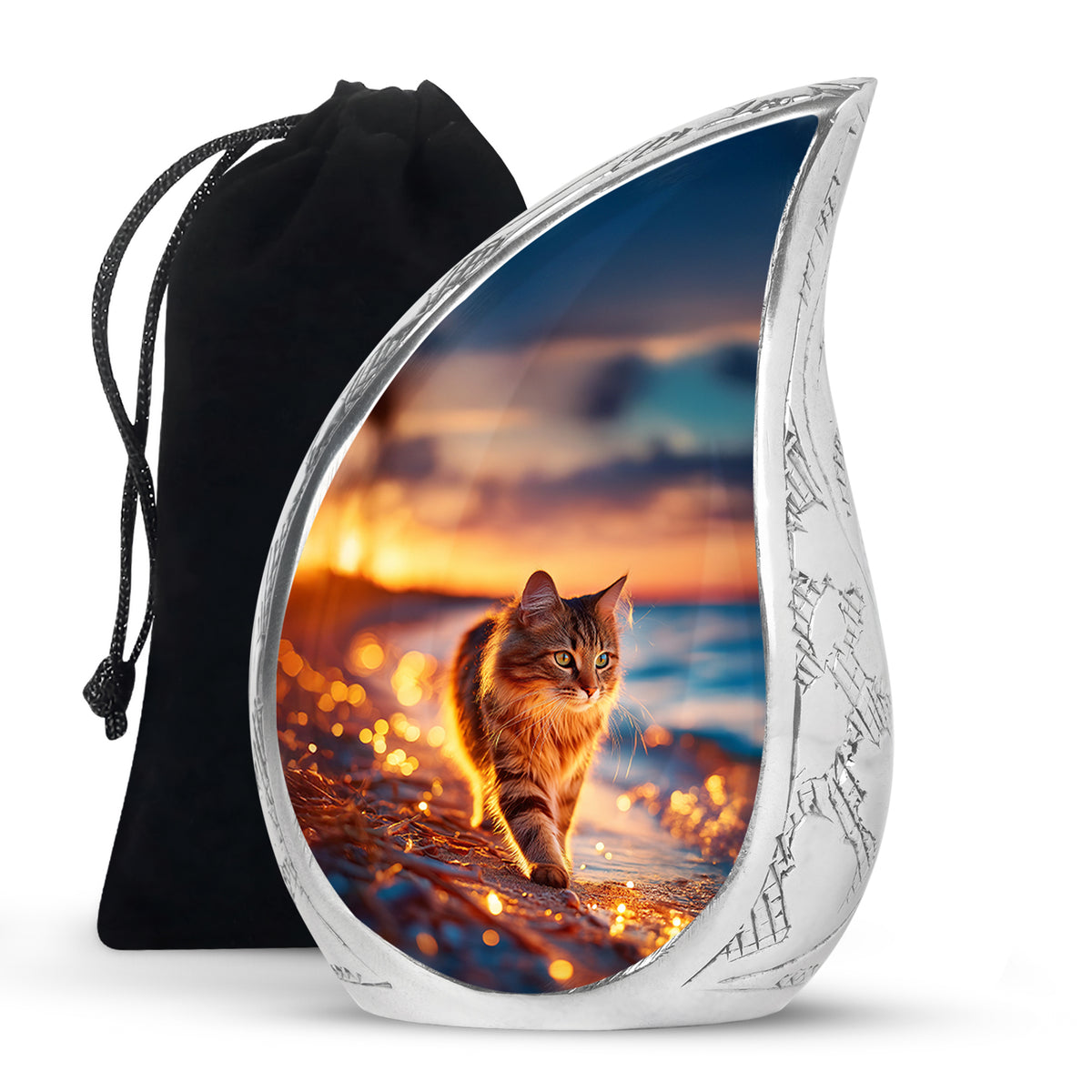 Scarlet Red Cat Cremation Urn front view showing detailed design - graceful tear-shaped urn with cat motif - full-size 10 inch 200 cubic inch adult cremation urn
