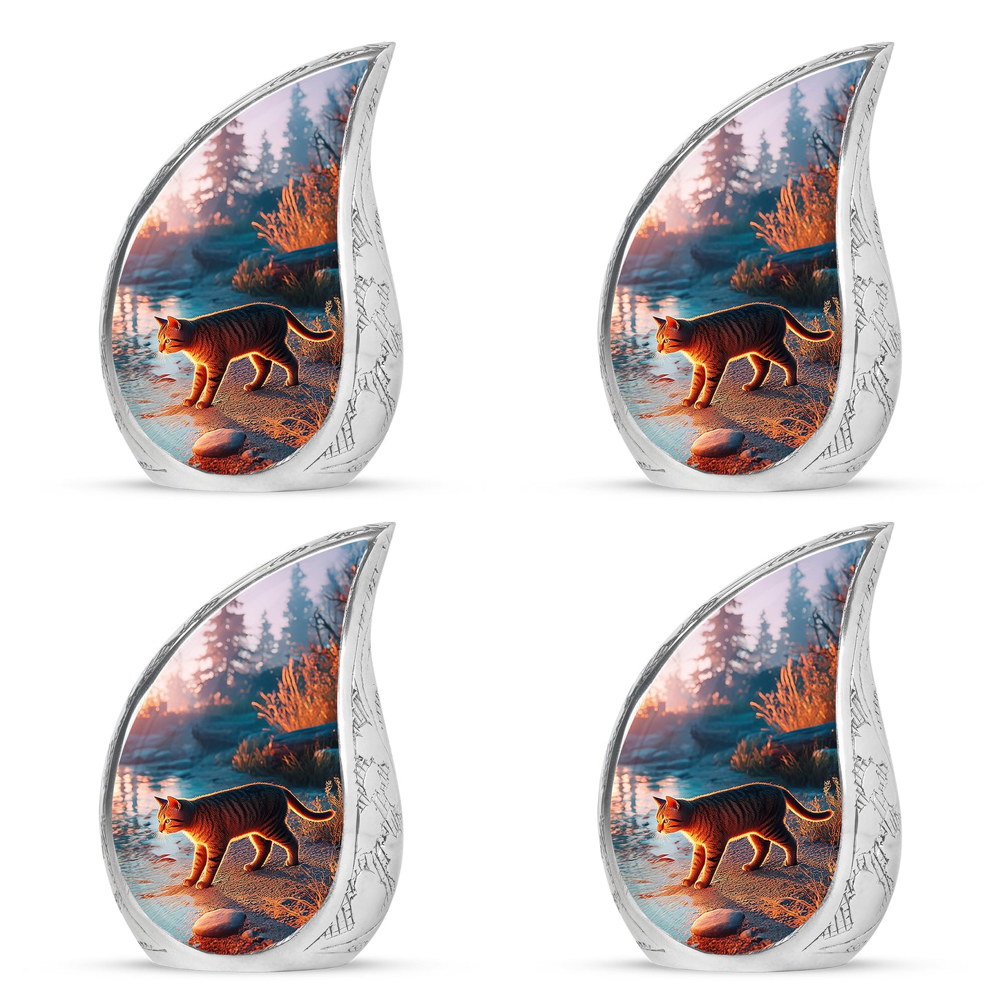 Dusty Blue Cat Cremation Urn close-up of engraving and surface detail - flowing teardrop cat silhouette on curved aluminum - 10 inch aluminum urn for cremated remains