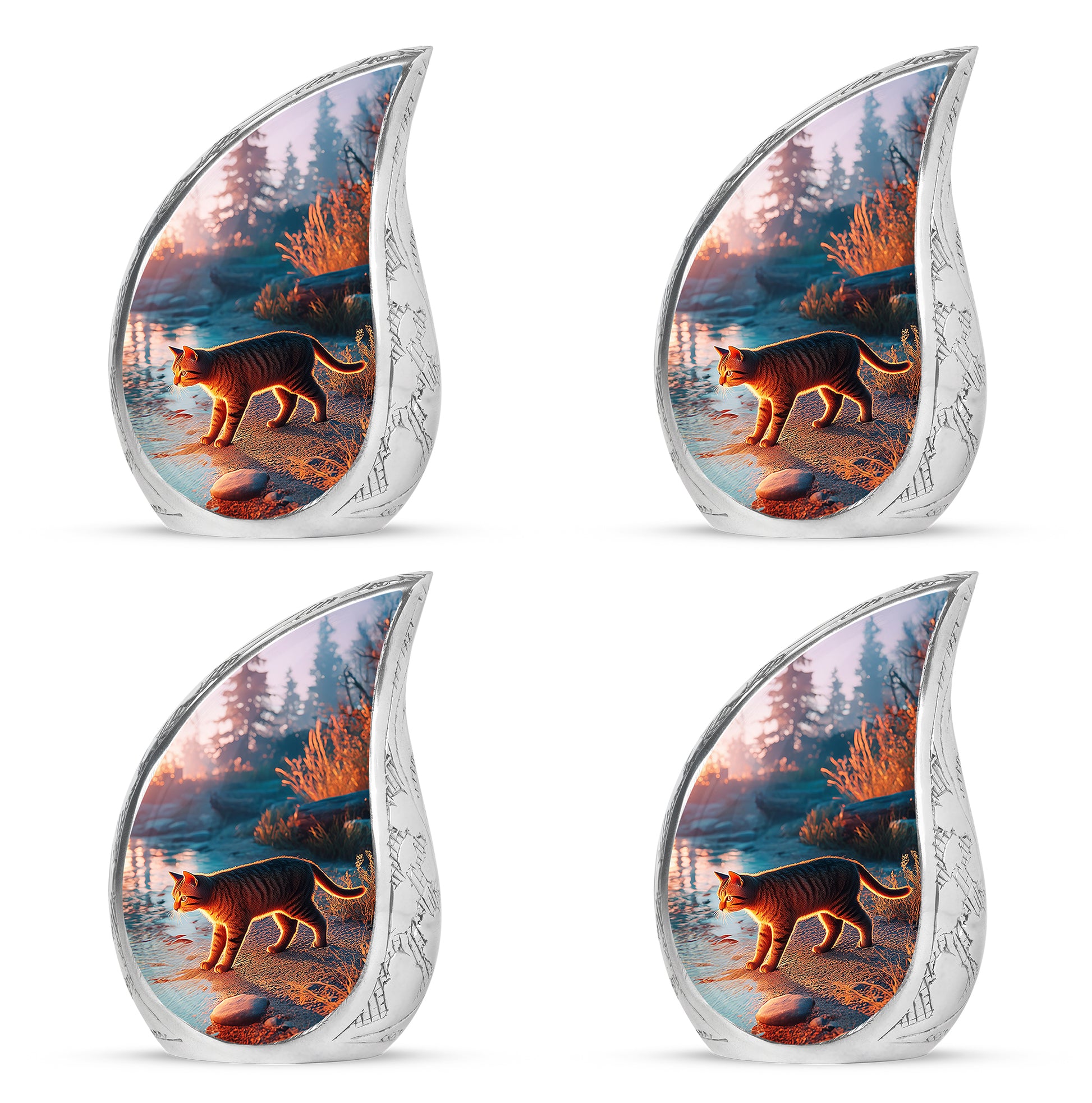 Dusty Blue Cat Cremation Urn close-up of engraving and surface detail - flowing teardrop cat silhouette on curved aluminum - 10 inch aluminum urn for cremated remains