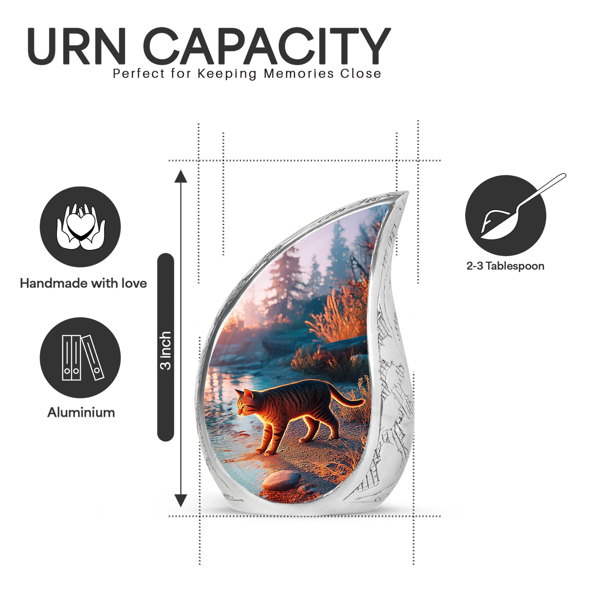 Soft Blue Cat Cremation Urn angled view of lid and engraved motif - smooth teardrop contour featuring cat art - mini keepsake memorial for portion of cremation ashes