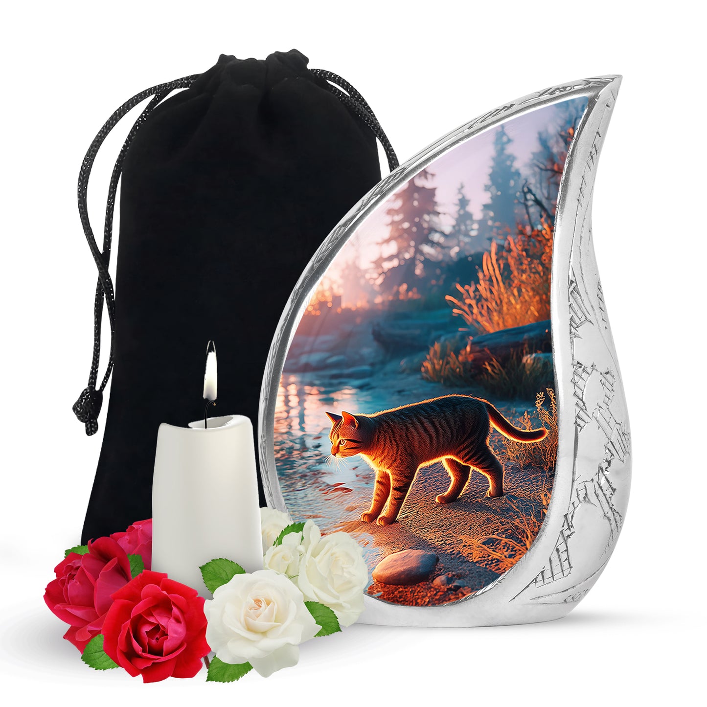 Sky Blue Cat Cremation Urn front view showing detailed design - rounded teardrop cat design with delicate detail - full-size 10 inch 200 cubic inch adult cremation urn