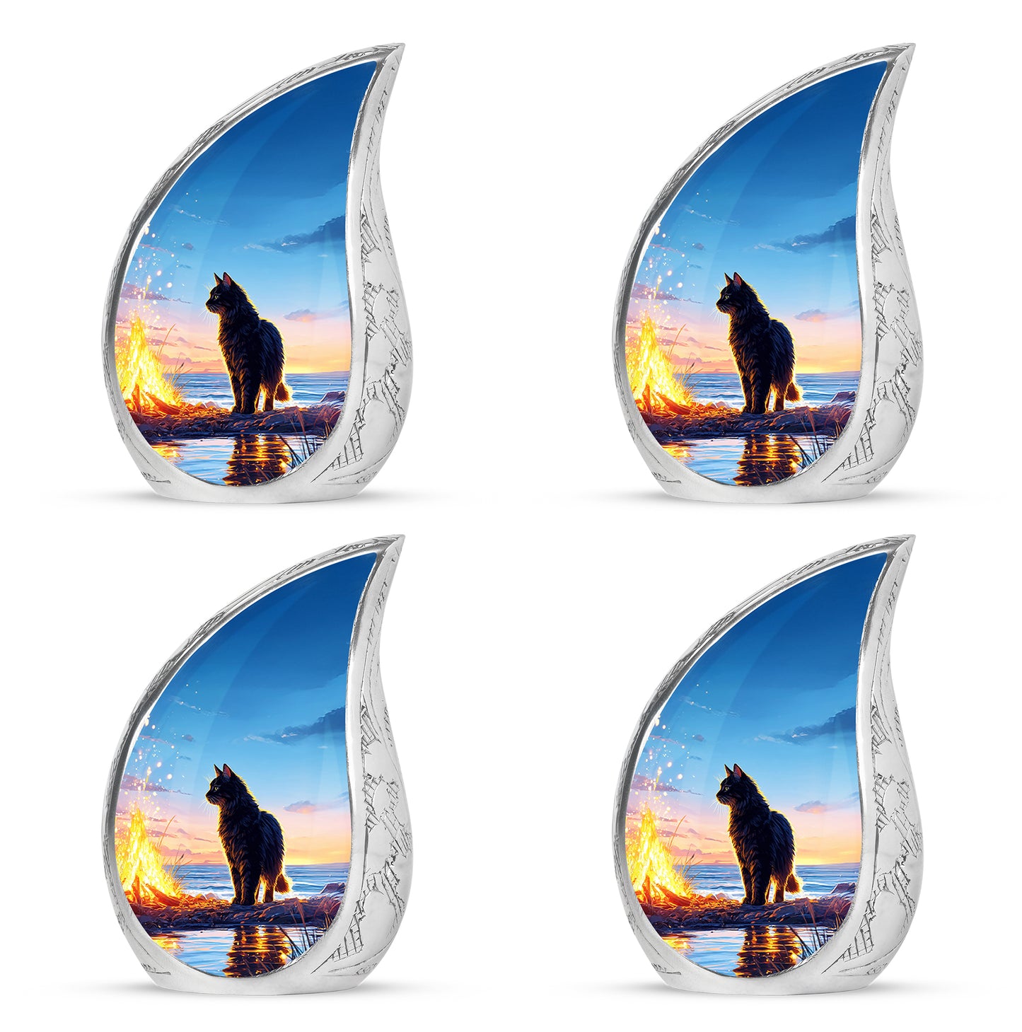 Icy Blue Cat Cremation Urn close-up of engraving and surface detail - flowing teardrop cat silhouette on curved aluminum - 10 inch aluminum urn for cremated remains