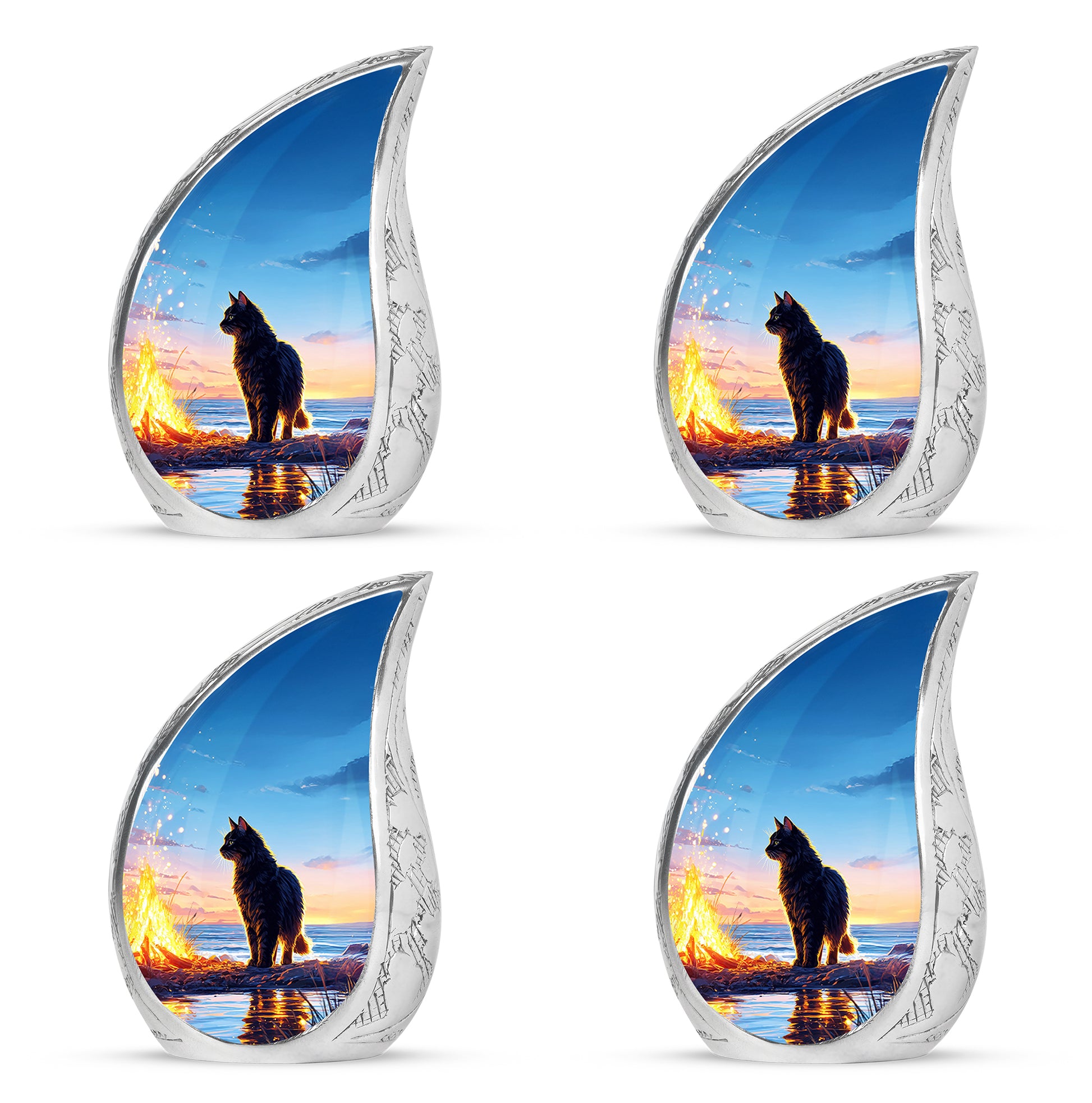 Icy Blue Cat Cremation Urn close-up of engraving and surface detail - flowing teardrop cat silhouette on curved aluminum - 10 inch aluminum urn for cremated remains