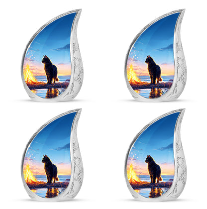 Icy Blue Cat Cremation Urn close-up of engraving and surface detail - flowing teardrop cat silhouette on curved aluminum - 10 inch aluminum urn for cremated remains