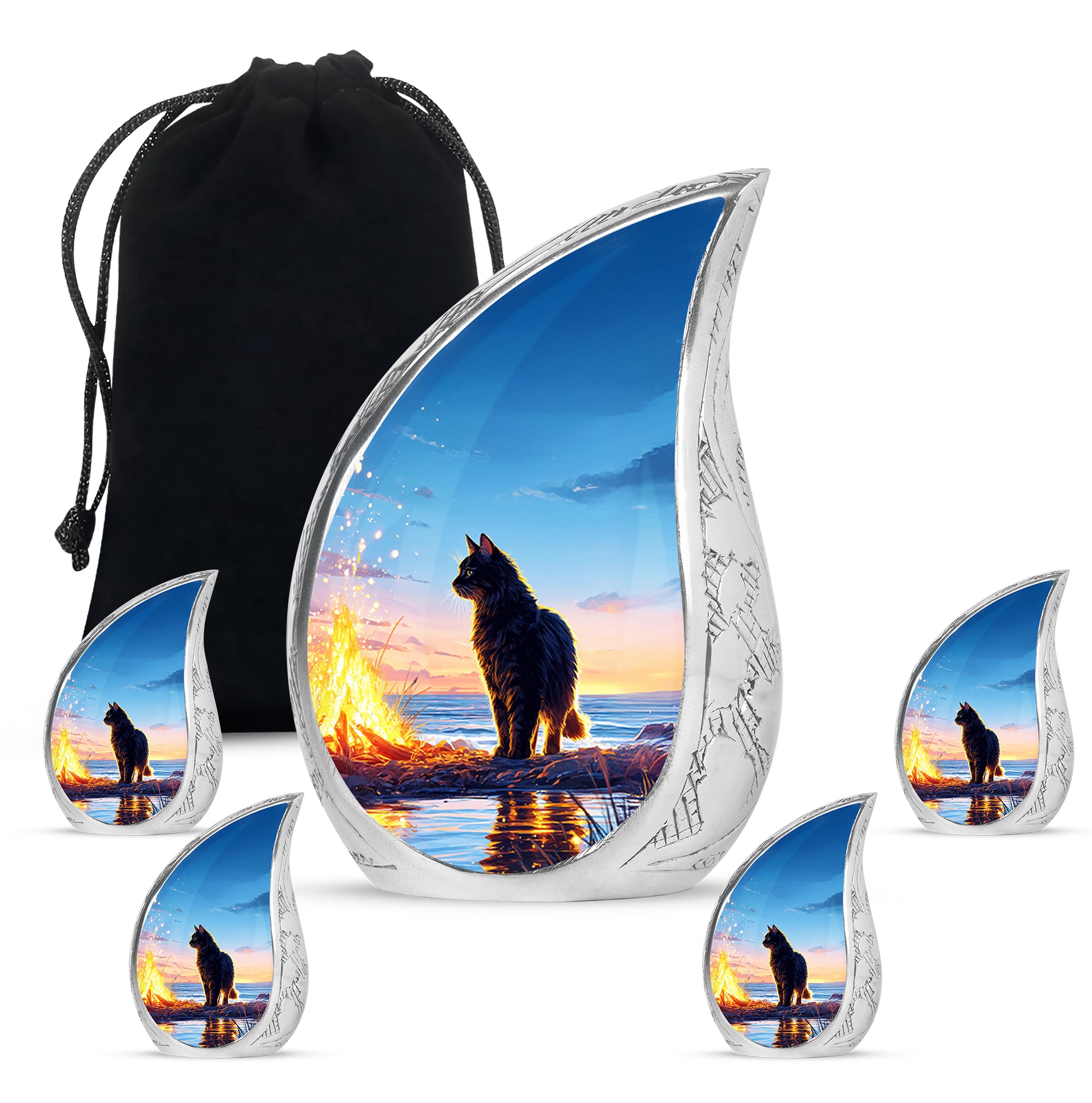 Steel Blue Cat Cremation Urn side profile showing urn shape - smooth teardrop contour featuring cat art - memorial set with one large and four small urns