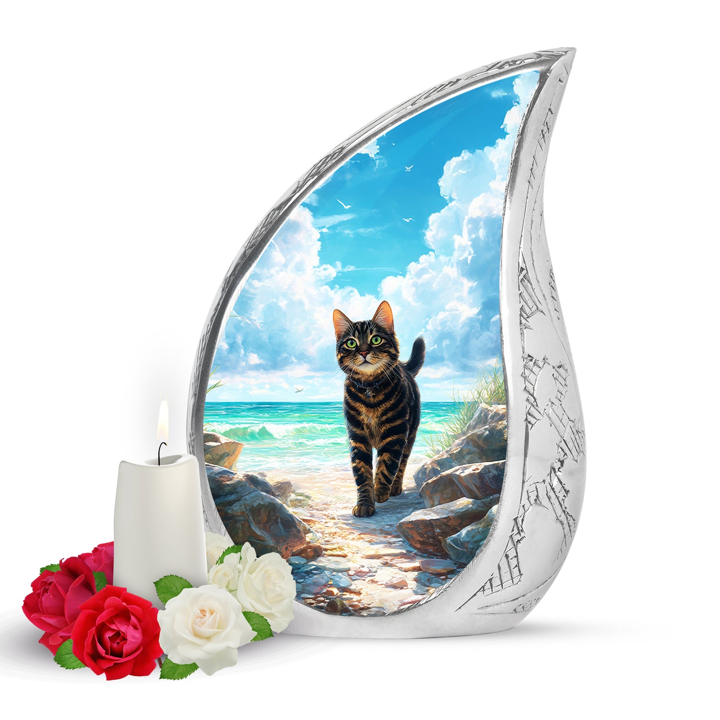 Radiant Cat Memorial Cremation Urns - Teal 10-inch, 200 cu in - Yatskia