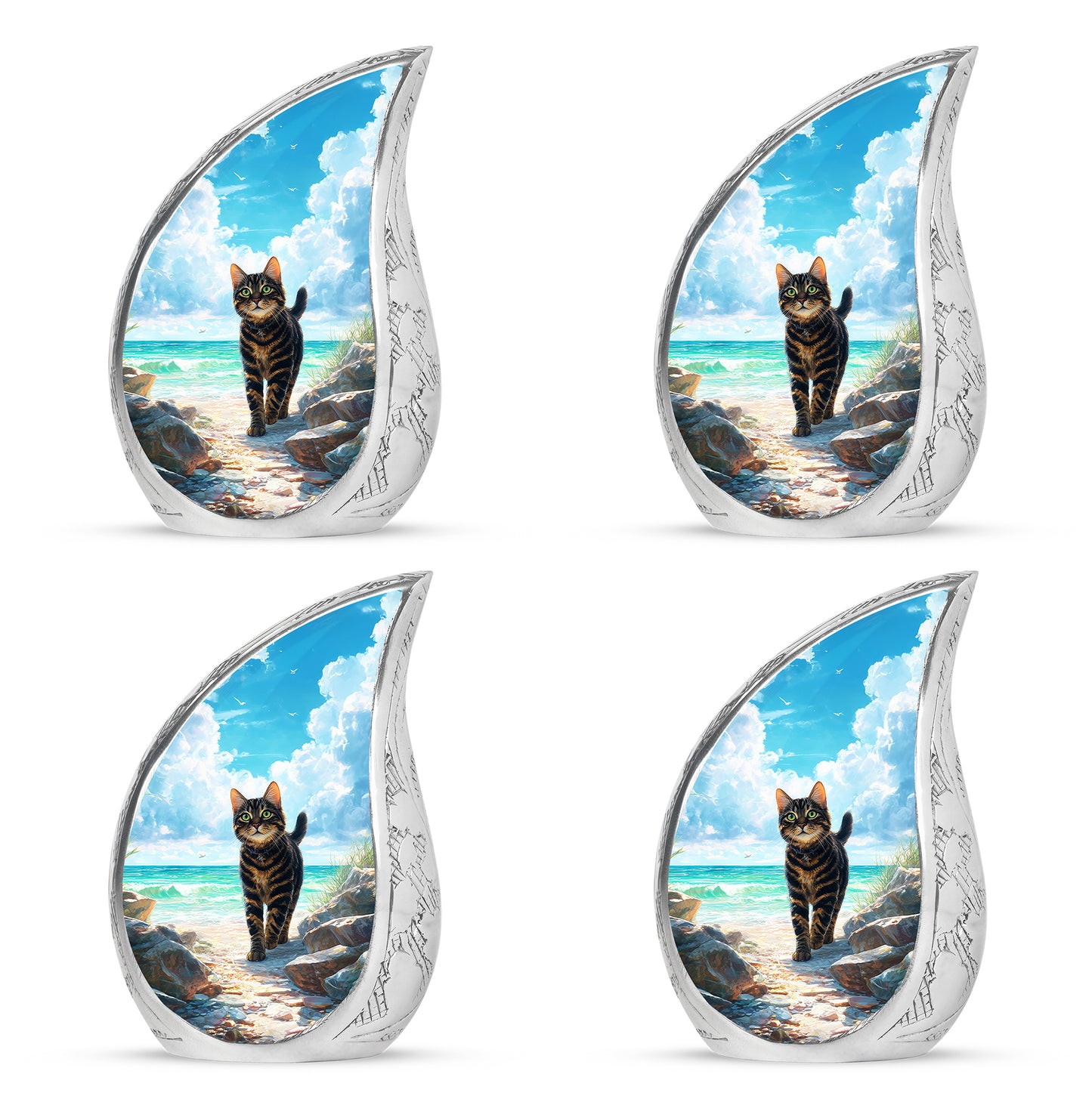 Ocean Teal Cat Cremation Urn close-up of engraving and surface detail - rounded teardrop cat design with delicate detail - 10 inch aluminum urn for cremated remains