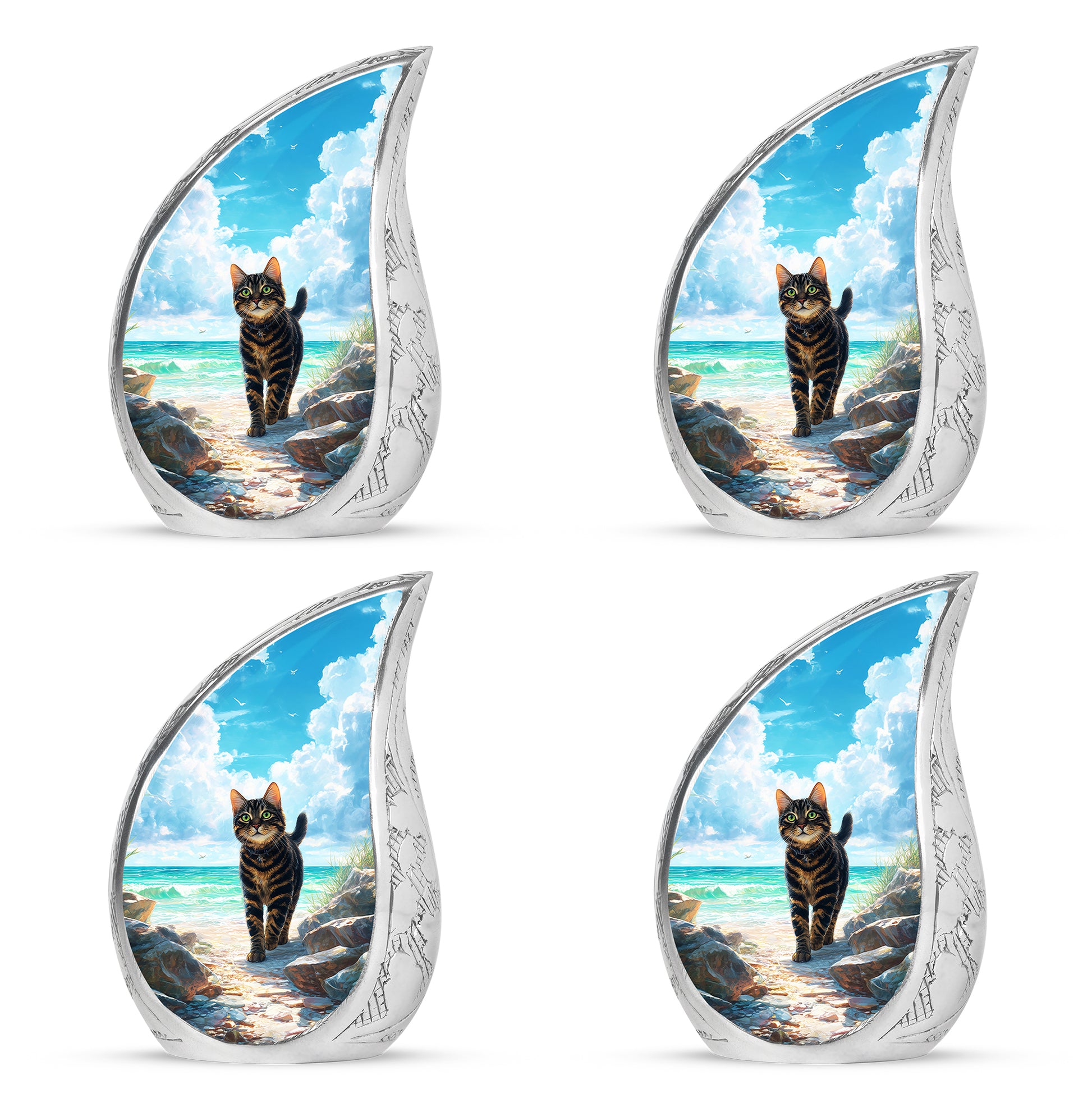 Ocean Teal Cat Cremation Urn close-up of engraving and surface detail - rounded teardrop cat design with delicate detail - 10 inch aluminum urn for cremated remains