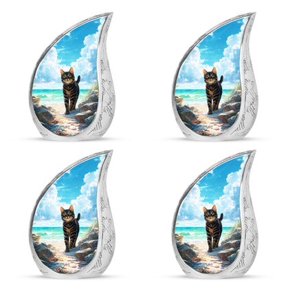 Ocean Teal Cat Cremation Urn close-up of engraving and surface detail - rounded teardrop cat design with delicate detail - 10 inch aluminum urn for cremated remains
