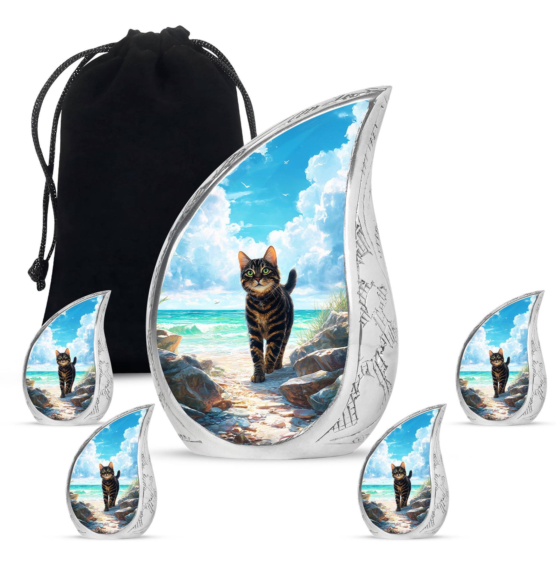 Cool Teal Cat Cremation Urn side profile showing urn shape - rounded teardrop cat design with delicate detail - memorial set with one large and four small urns