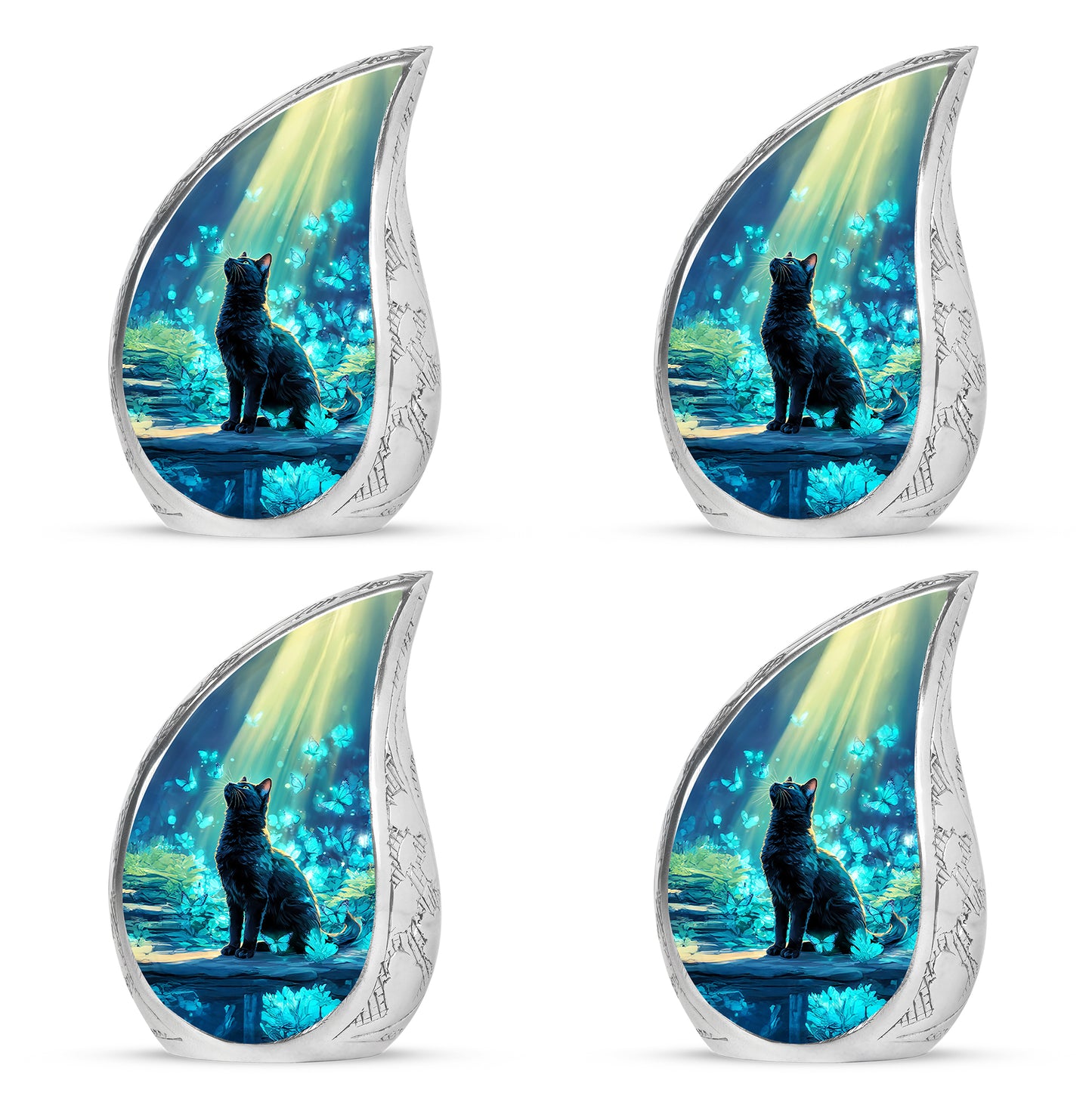 Sky Blue Cat Cremation Urn close-up of engraving and surface detail - flowing teardrop cat silhouette on curved aluminum - 10 inch aluminum urn for cremated remains