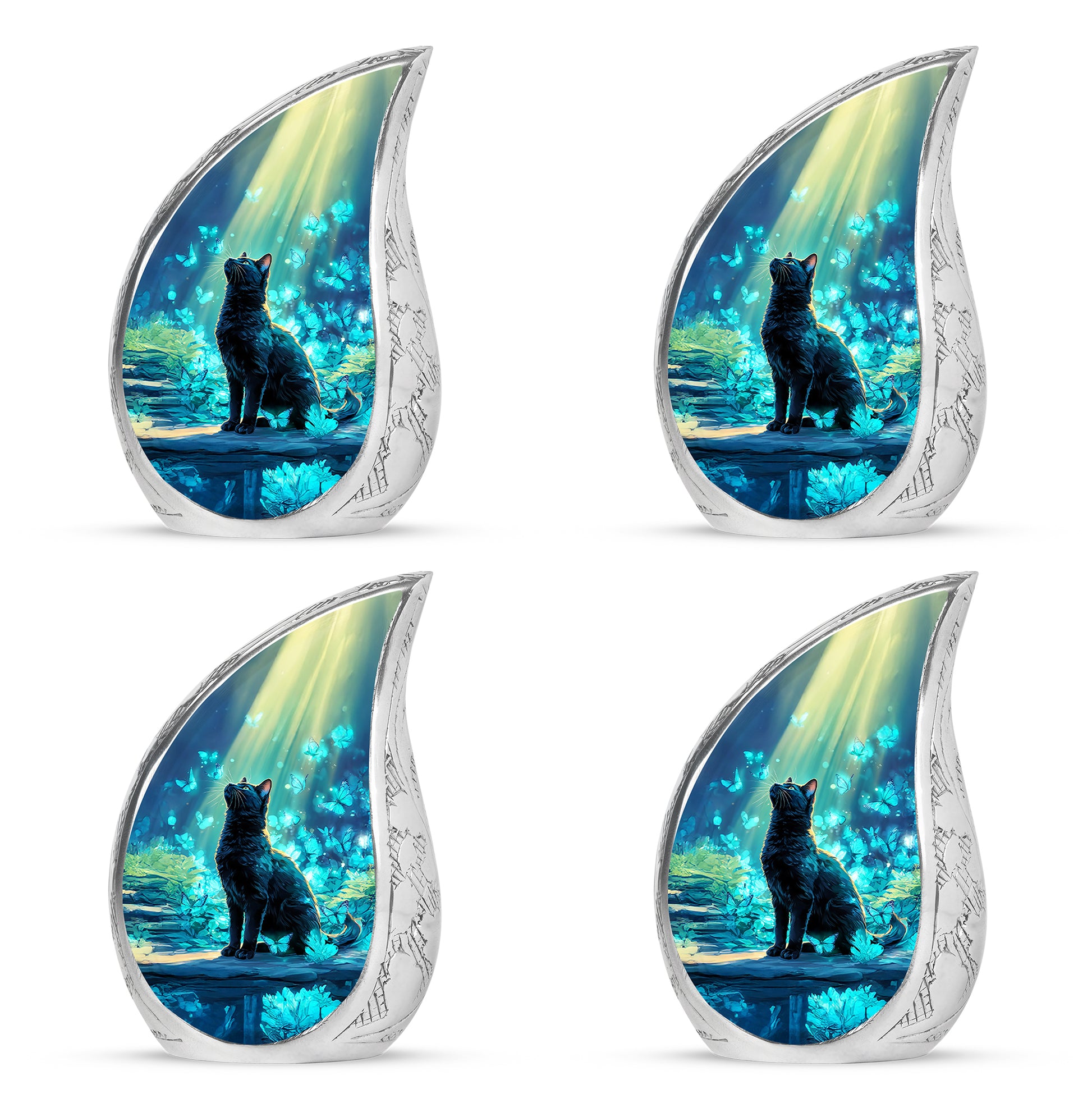 Sky Blue Cat Cremation Urn close-up of engraving and surface detail - flowing teardrop cat silhouette on curved aluminum - 10 inch aluminum urn for cremated remains