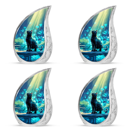 Sky Blue Cat Cremation Urn close-up of engraving and surface detail - flowing teardrop cat silhouette on curved aluminum - 10 inch aluminum urn for cremated remains