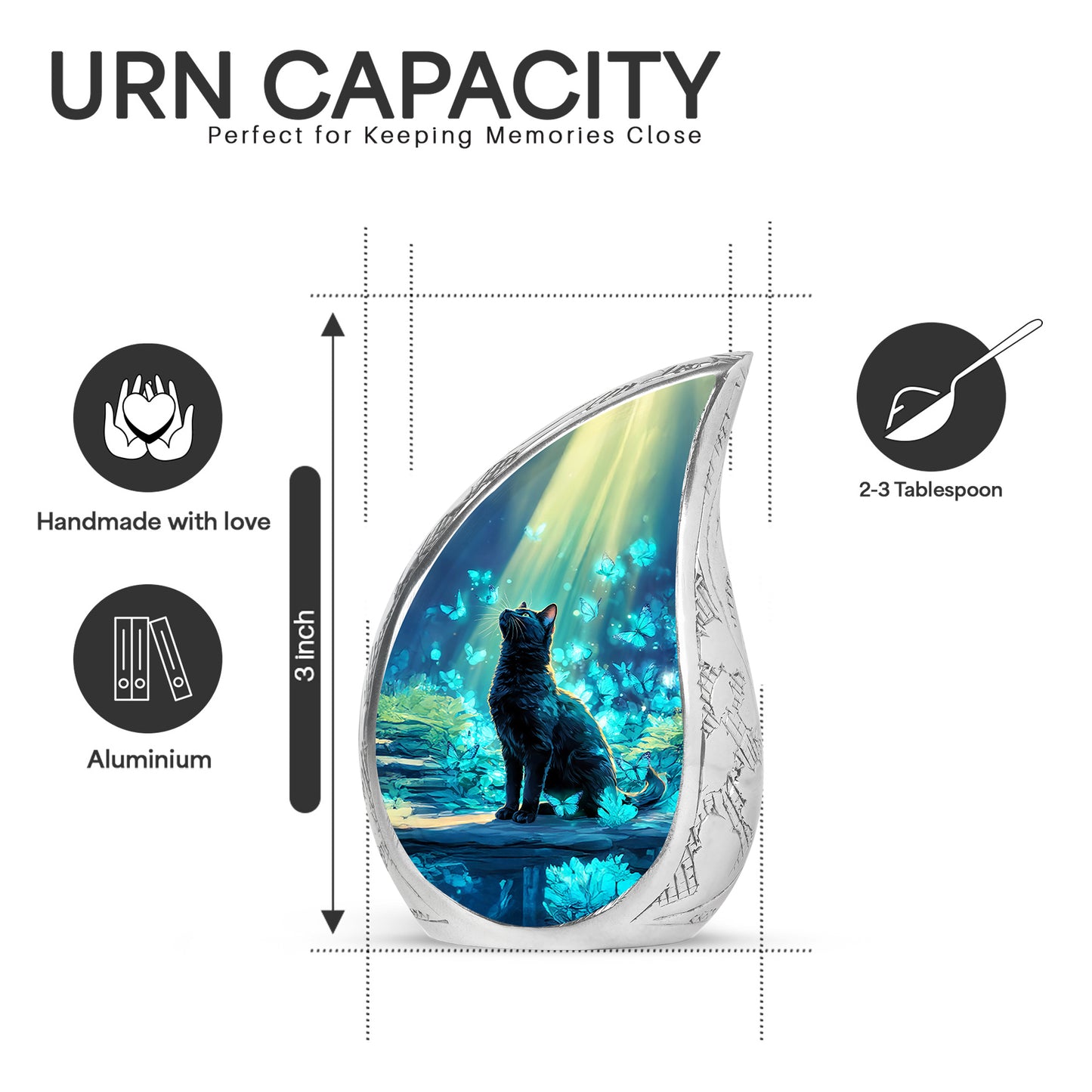 Sapphire Blue Cat Cremation Urn angled view of lid and engraved motif - smooth teardrop contour featuring cat art - mini keepsake memorial for portion of cremation ashes